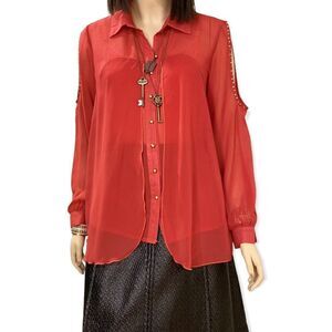 Rustic Orange Button Down Studded Cold Shoulder Double Placket Blouse